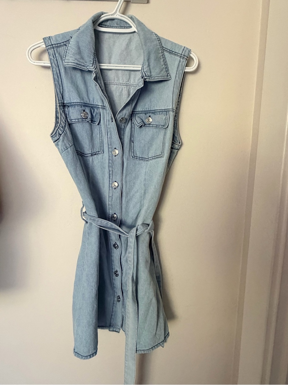 Sleeveless Light Wash Denim Shirt Dress with Tie Belt